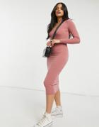 New Look Frill Neck Ribbed Midi Dress In Pink