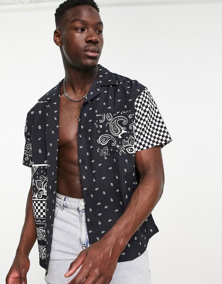 Mennace Revere Collared Shirt In Black With Patchwork Paisley Print - Part Of A Set