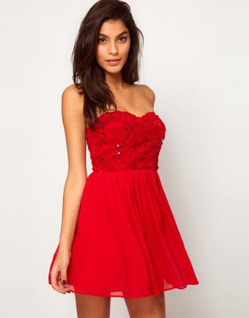 Elise Ryan Sequin Cornelli Bandeau Skater Dress - Red