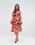 Club L Rose Floral Dress With Flute Sleeve - Multi