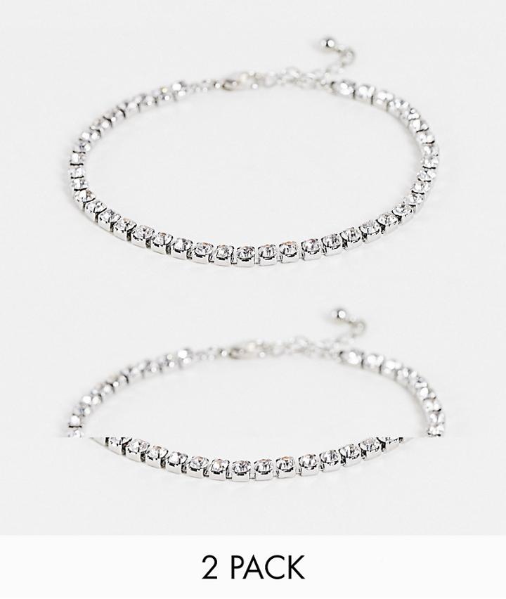 Asos Design 2 Pack Iced Tennis Bracelet Set In Silver Tone