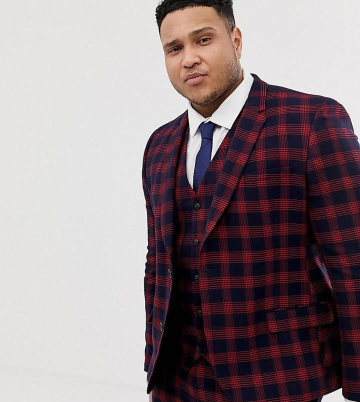 Asos Design Plus Skinny Suit Jacket In Check Waffle Texture - Navy