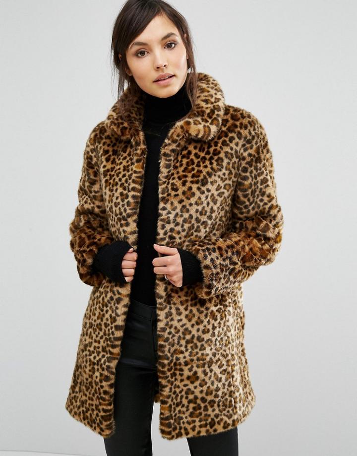 Oasis Animal Print Faux Fur Coat - Brown