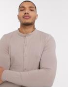 Asos Design Organic Blend Cotton Long Sleeve Muscle Fit Jersey Shirt With Grandad Collar In Beige-neutral