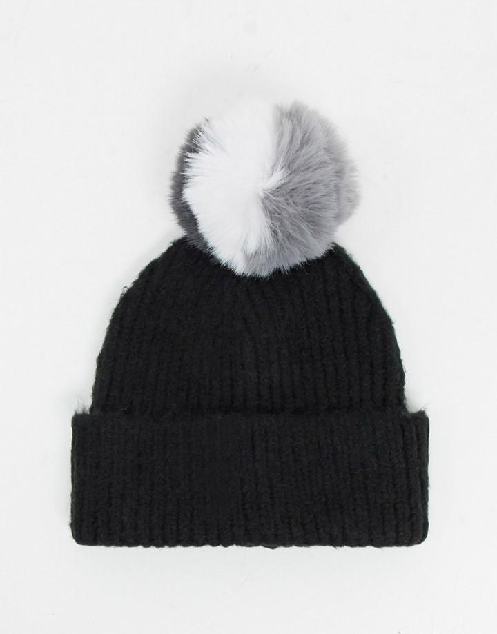 Asos Design Knit Beanie With Mono Pom In Black
