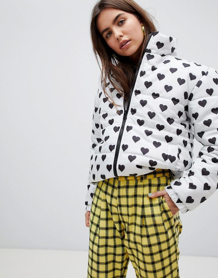 Daisy Street Padded Jacket With All Over Heart Polka Dot - White