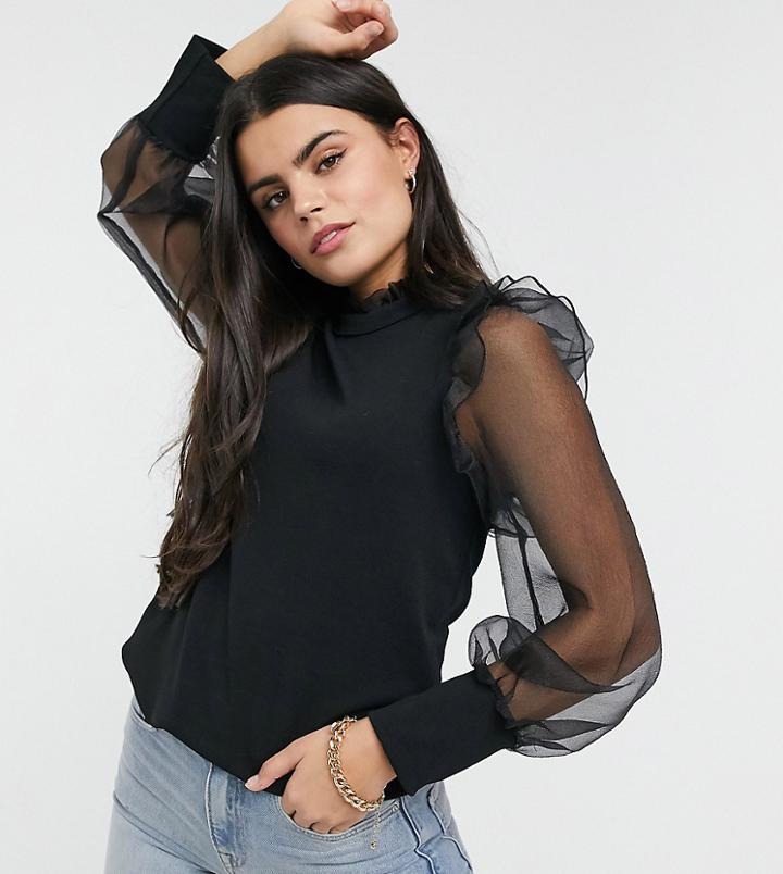 Vero Moda Petite Top With Organza Puff Sleeves In Black-white