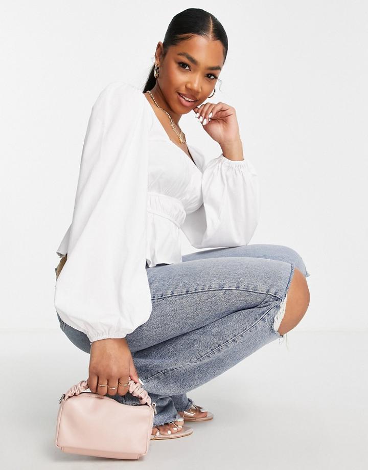 Asos Design Shirred Waist Long Sleeve Top In White