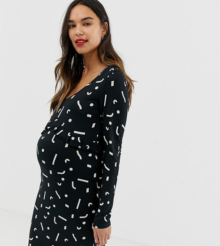 Mama. Licious Abstract Print Jersey Long Sleeve Dress - White