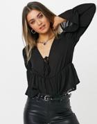 Urban Bliss Tie Front Ruched Sleeve Blouse In Black