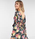 Reclaimed Vintage Inspired Long Sleeve Mini Dress With Tie Back In Floral Print-black