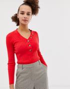 New Look Button Through Rib Top In Bright Red - Red