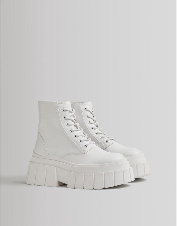 Bershka Chunky Lace Up Biker Boot In White