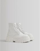 Bershka Chunky Lace Up Biker Boot In White
