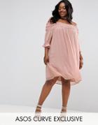 Asos Curve Off Shoulder Shirring Dress - Pink