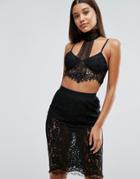 Naanaa High Neck Crop Top In Lace With Choker Detail - Black
