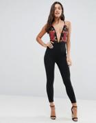 Missguided Embroidered Mesh Plunge Jumpsuit - Black