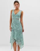 Little Mistress Lace Insert Midi Dress With Asymmetric Hem Detail In Green-blue