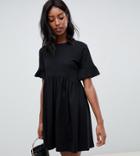 Asos Design Tall Cotton Slubby Frill Sleeve Smock Dress - Black