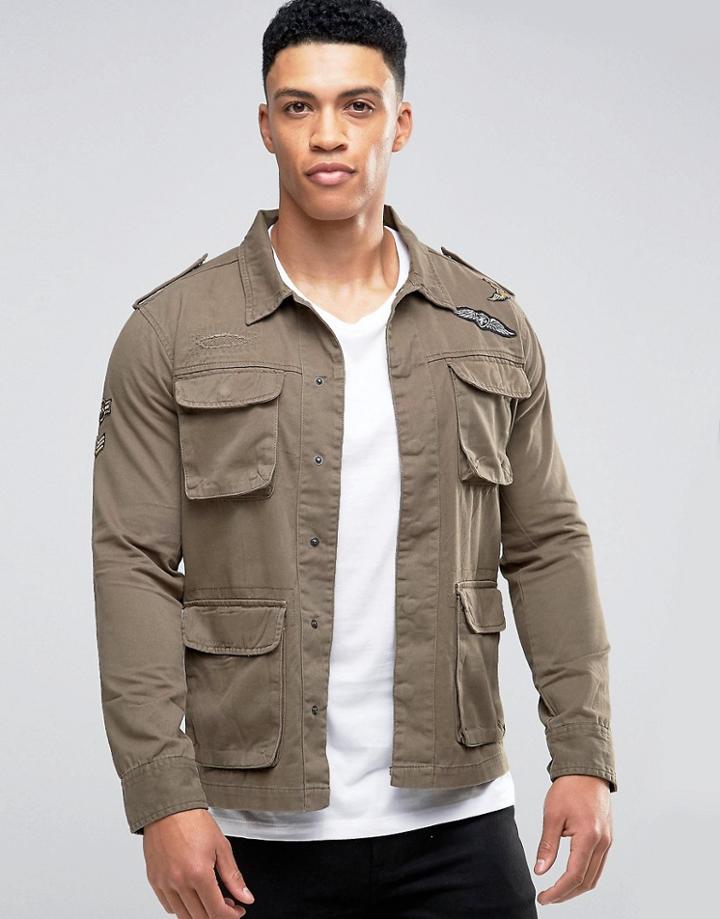 Brave Soul Badged Shacket Jacket - Green