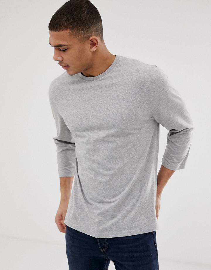 Asos Design Relaxed 3/4 Sleeve T-shirt With Crew Neck In Gray Marl - Gray