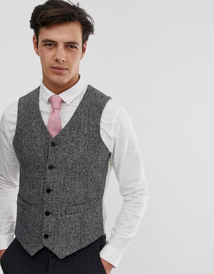 Asos Design Wedding Slim Vest In 100% Wool Harris Tweed In Gray - Gray