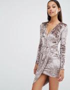 Club L Crushed Velvet Wrap Over Long Sleeve Dress - Crushed Mink