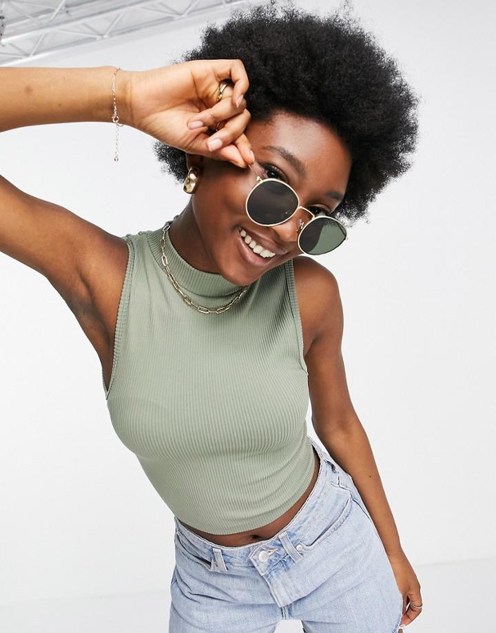 Stradivarius High Neck Tank Top In Khaki-green