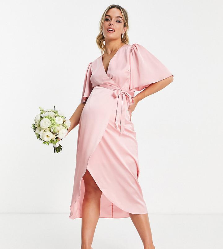 Liquorish Maternity Bridesmaid Satin Wrap Front Midaxi Dress In Soft Rose Pink