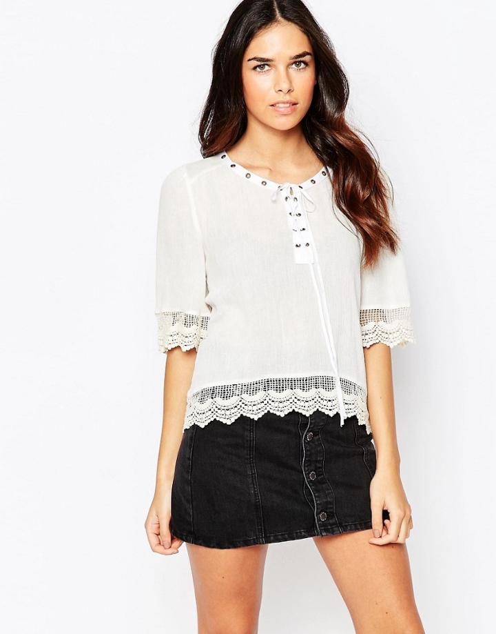Jovonna Simple Life Top With Lace Up Front - White