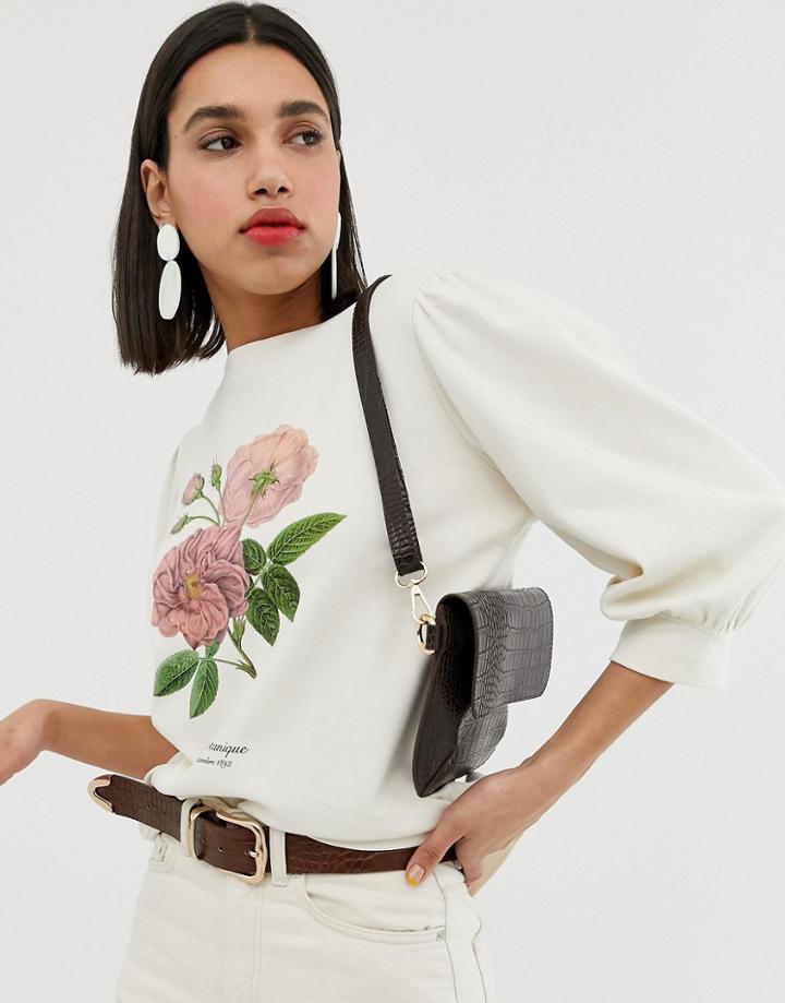 Neon Rose Puff Sleeve Sweatshirt With Botanical Floral Graphic - Beige
