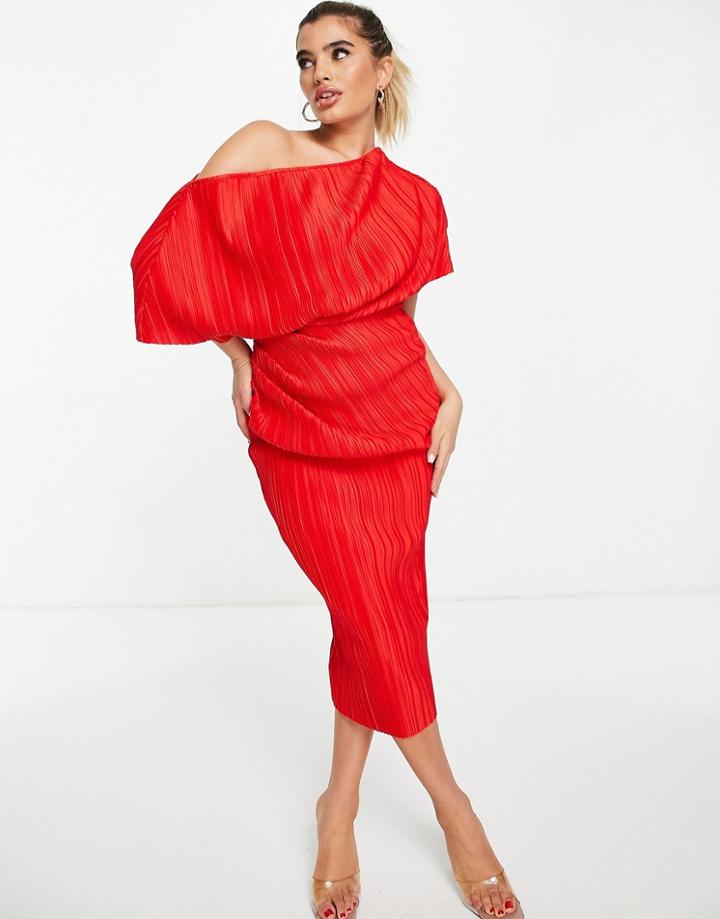 Asos Design Fallen Shoulder Plisse Midi Dress In Flame Red-multi