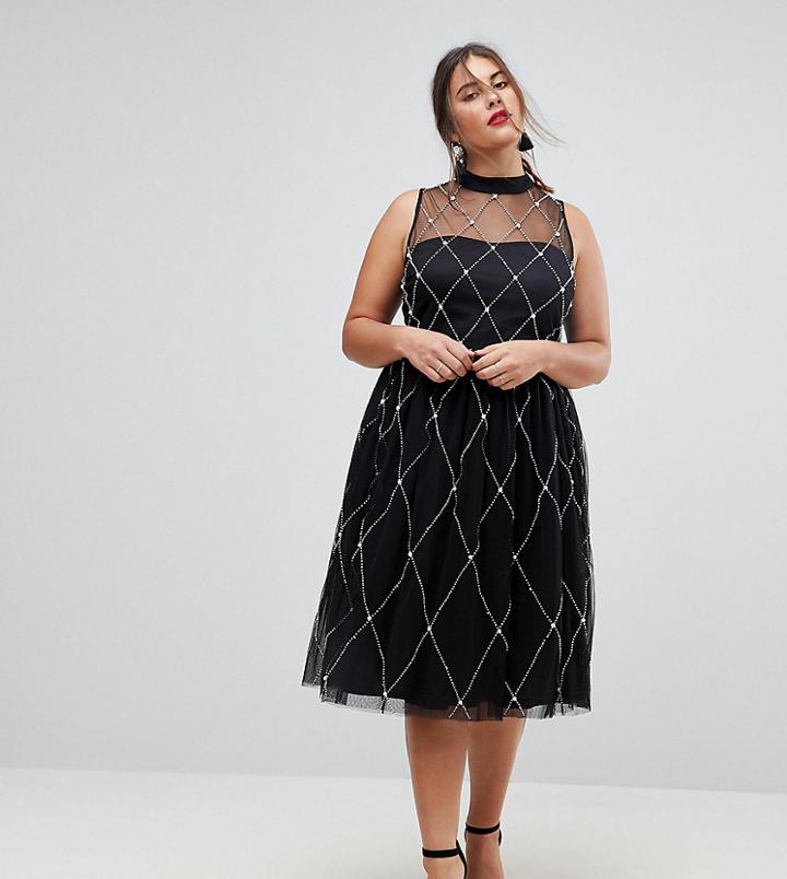 Asos Curve Premium High Neck Pearl Embellished Midi Prom Dress - Black