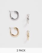 Asos Design Pack Of 2 Flat Edge Hoop Earrings In Gold And Silver Tone - Multi