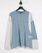 Asos Dark Future Oversized Long Sleeve T-shirt In Blue With Curved Color Block Paneling-blues