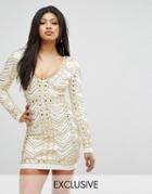 Starlet Plunge Front Mini Dress With All Over Embellishment In Gold - White