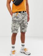 Bershka Slim Fit Denim Cargo Shorts In Gray Camo Print - Gray