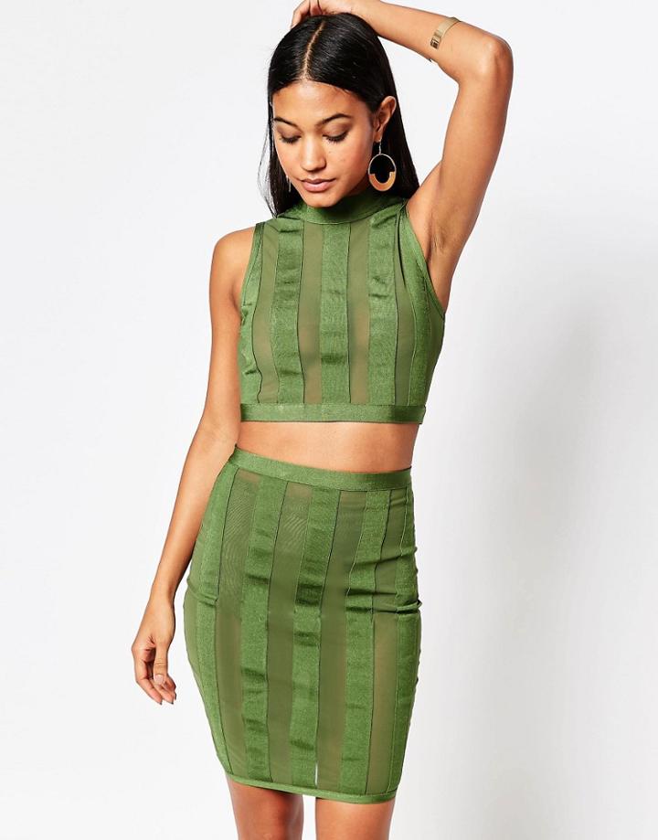 Wow Couture Stripe Crop And Skirt Set - Dark Olive
