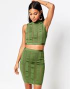 Wow Couture Stripe Crop And Skirt Set - Dark Olive