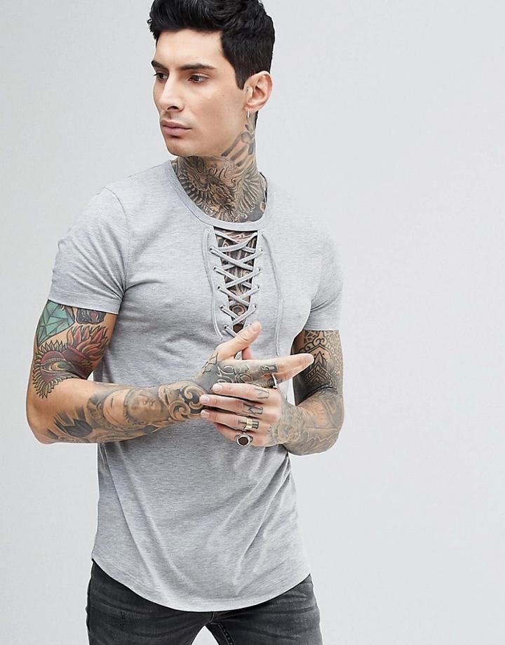 Asos Longline T-shirt With Deep Lace Up Neck With Rib And Curve Hem - Gray