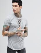 Asos Longline T-shirt With Deep Lace Up Neck With Rib And Curve Hem - Gray