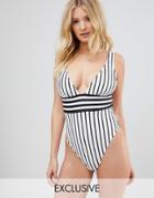 Asos Fuller Bust Exclusive Contrast Mono Stripe Plunge Swimsuit Dd-g - Multi