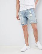 Boohooman Slim Fit Shorts With Rips In Light Blue Wash - Blue