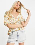 Asos Design Short Sleeve Floral Blouse With Ruching-multi