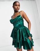 Trendyol High Shine Tiered Mini Dress In Emerald-green