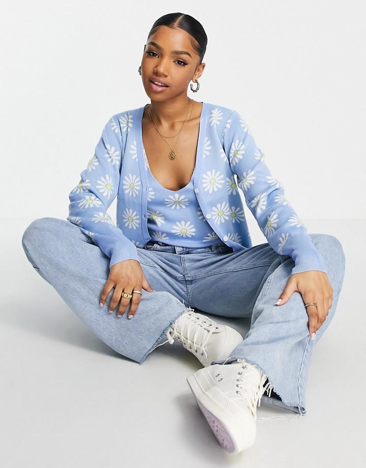 Qed London Cardigan In Daisy Print - Part Of A Set-blue