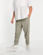Asos Design Oversized Tapered Lightweight Pants With Elasticized Waist In Khaki-green