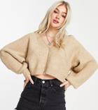 Asos Design Petite Coordinating V-neck Rib Cardigan With Wide Sleeves In Oatmeal-neutral