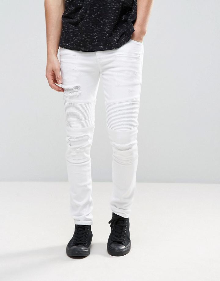 Asos Super Skinny Jeans In White Biker Style With Abrasions - White