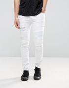 Asos Super Skinny Jeans In White Biker Style With Abrasions - White